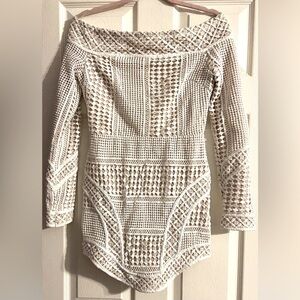 tobi crochet dress TOBI White Crochet Neck Beach Dress Fade out Blue to White Rayon Lined Sz M NWOT